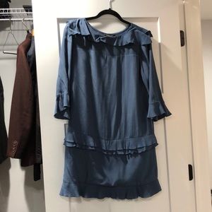 Gray blue 3/4 sleeve Banana dress, ruffle detail